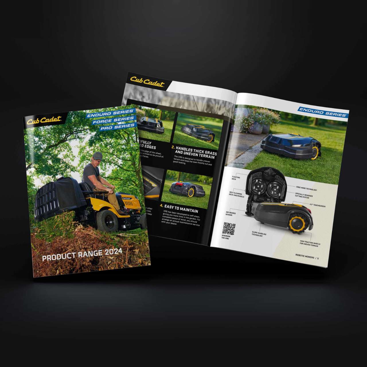 Produktkatalog von Cub Cadet mit Cover und geöffneten Seiten – Rasenmäher und Mähroboter im Fokus.