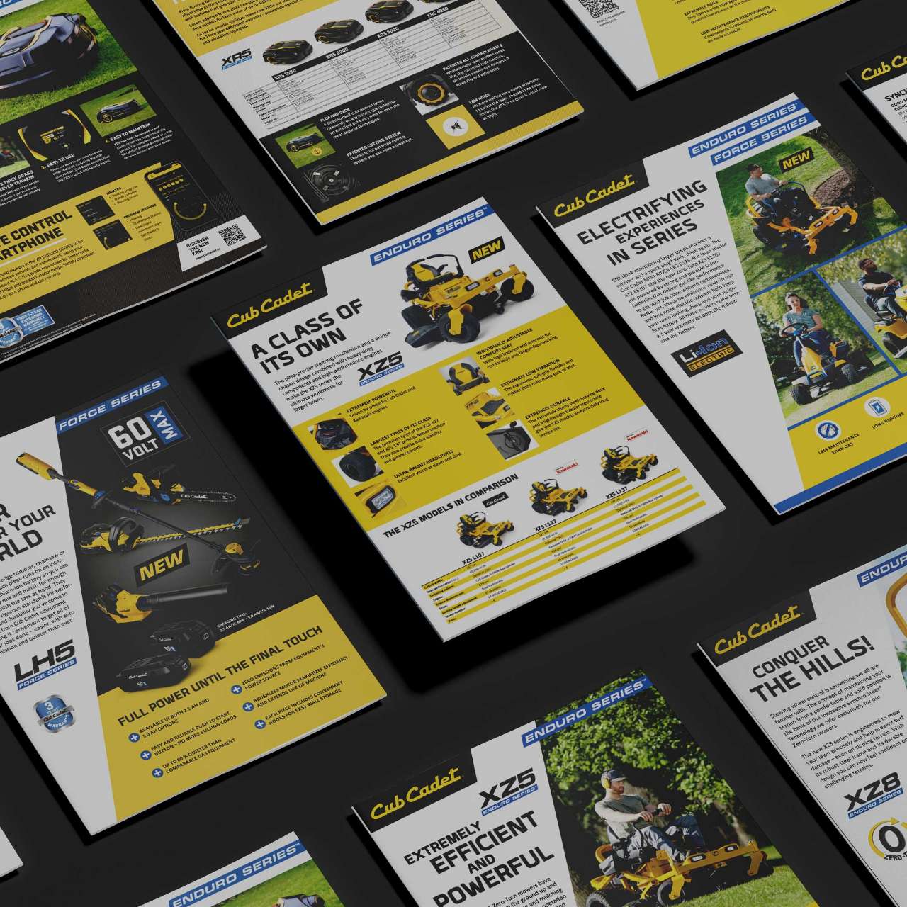 Layoutübersicht mehrerer digitaler Cub Cadet Werbemotive – Social Media Posts und Anzeigen in Gelb-Schwarz.