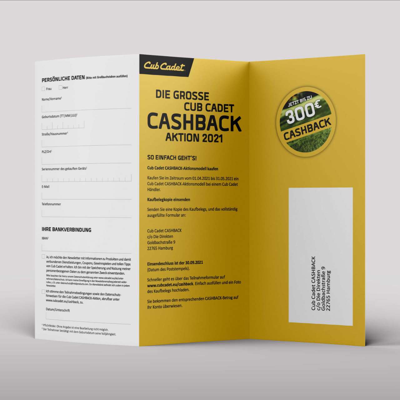 Geöffneter Cashback-Flyer von Cub Cadet mit 300 € Aktionshinweis und QR-Code zur Teilnahme.